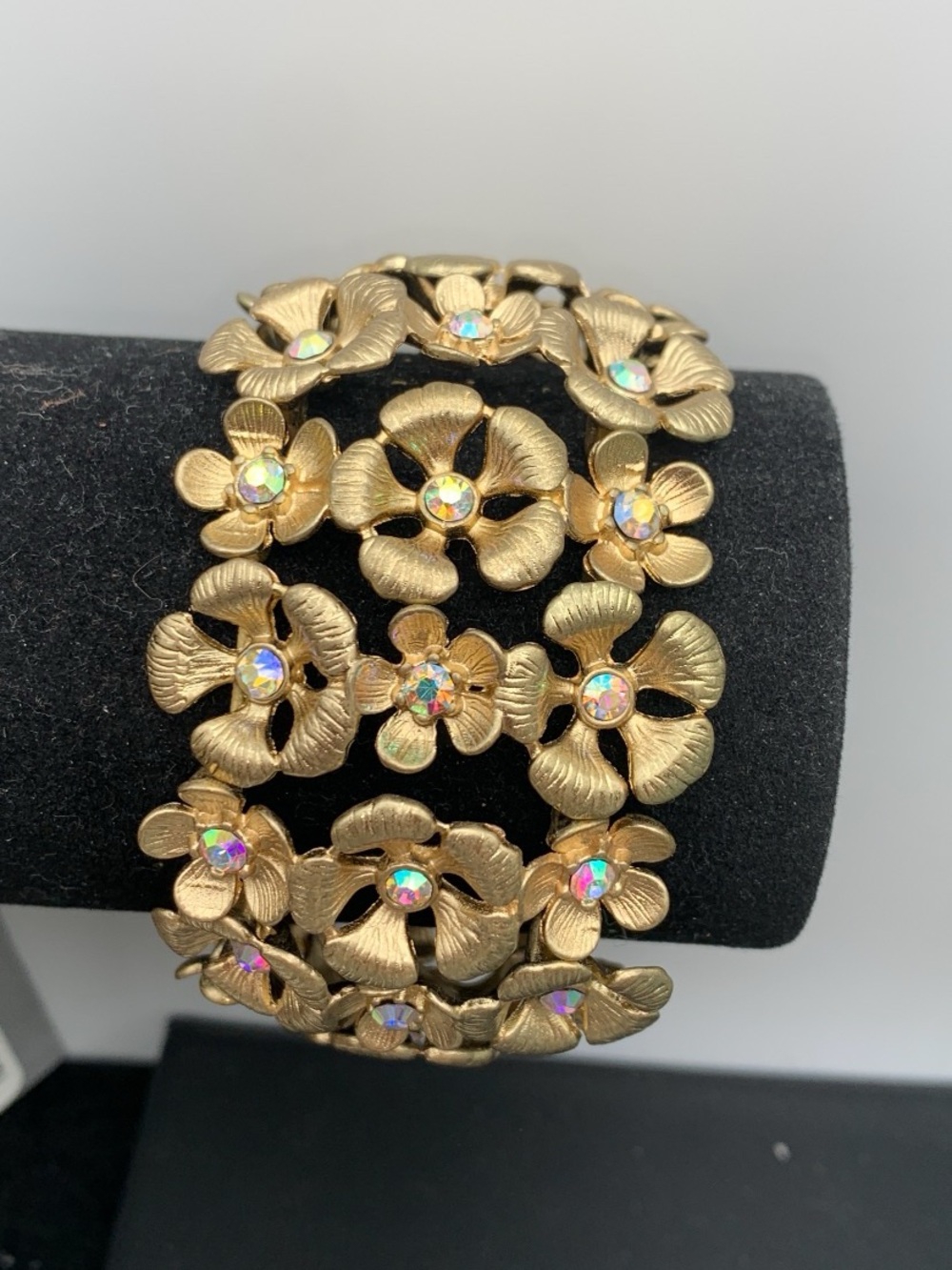 Matte Gold tone Floral Stretch Bracelet with Aurora Crystal Centers